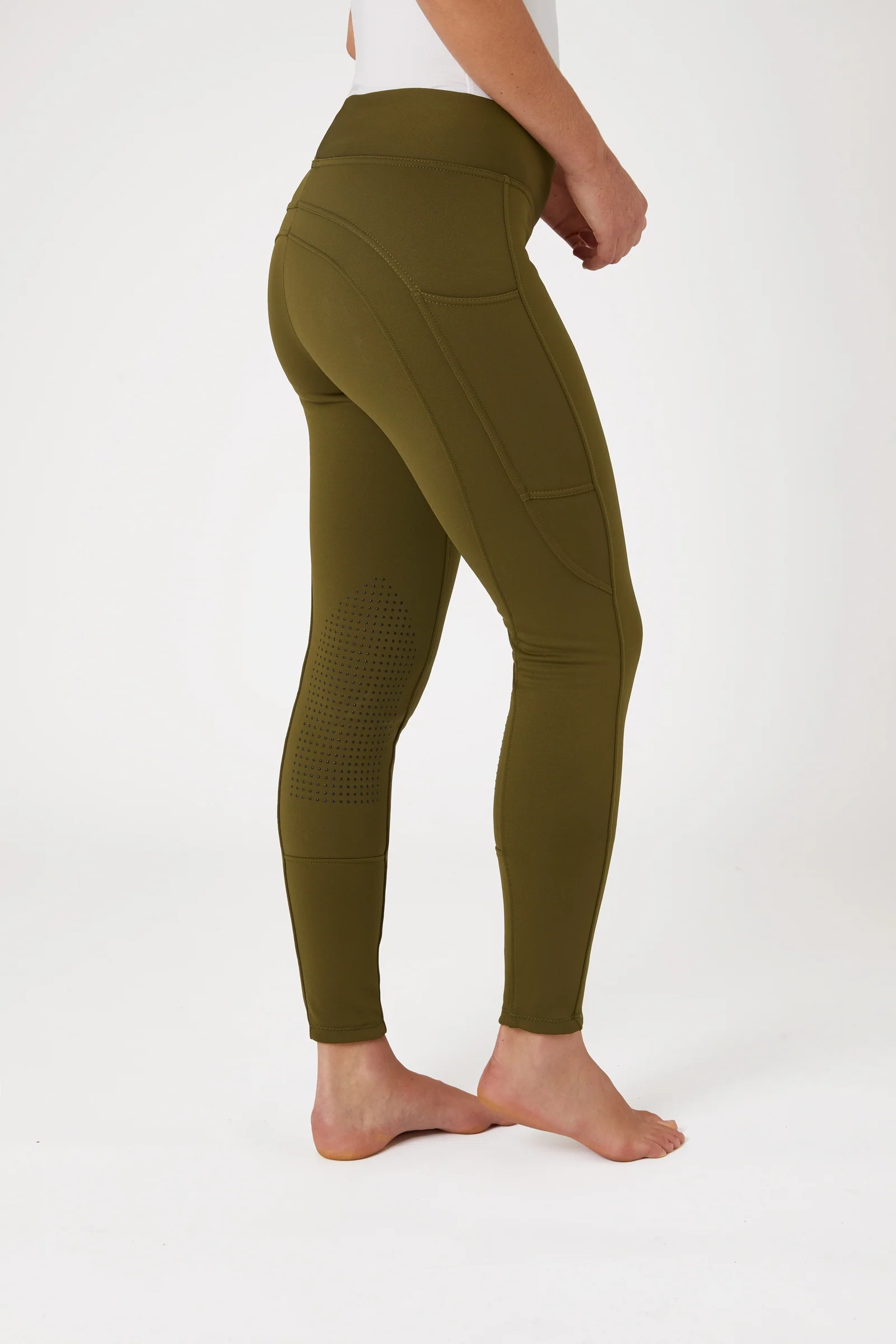 Active helforsterkede ridetights til vinteren med knegrip og telefonlomme Olive Drab 34