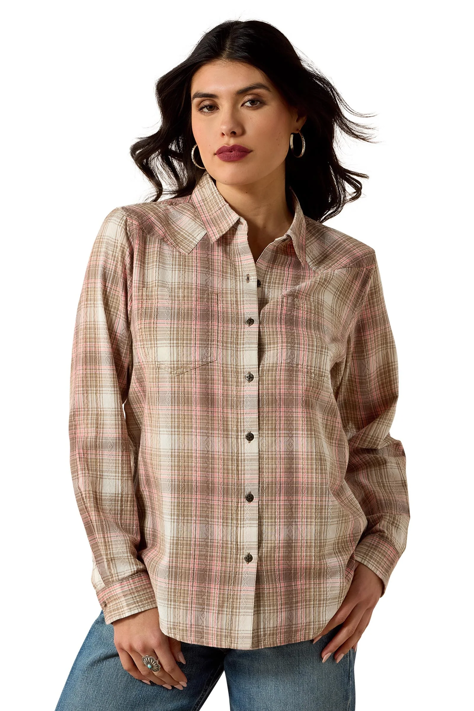 Billie Jean dame skjorte med lange ermer White Pepper Coral Plaid S
