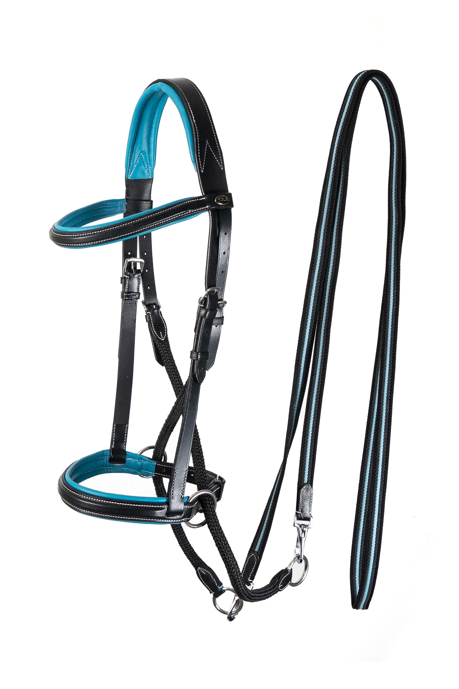 Dietsji Bittløst hodelag med tøyler (System 5) Black/ Sky Blue SHP